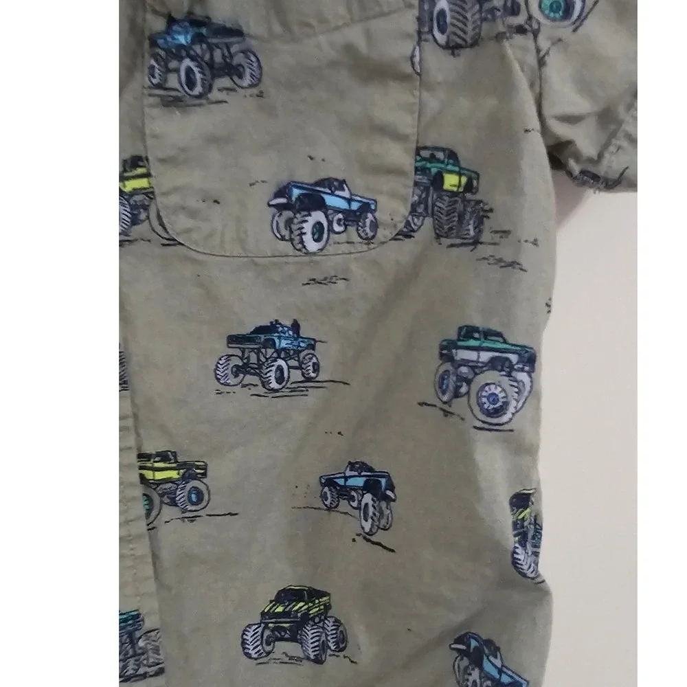 The Childrens Place Boys Monster Truck Button Down Shirt Sage Green 4T Short Sl